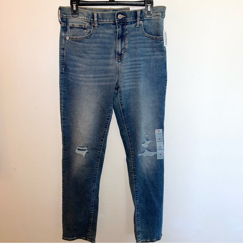 (NWT) Old Navy Kids Unisex Karate Slim Blue Denim Distressed Jeans (Size: 18)